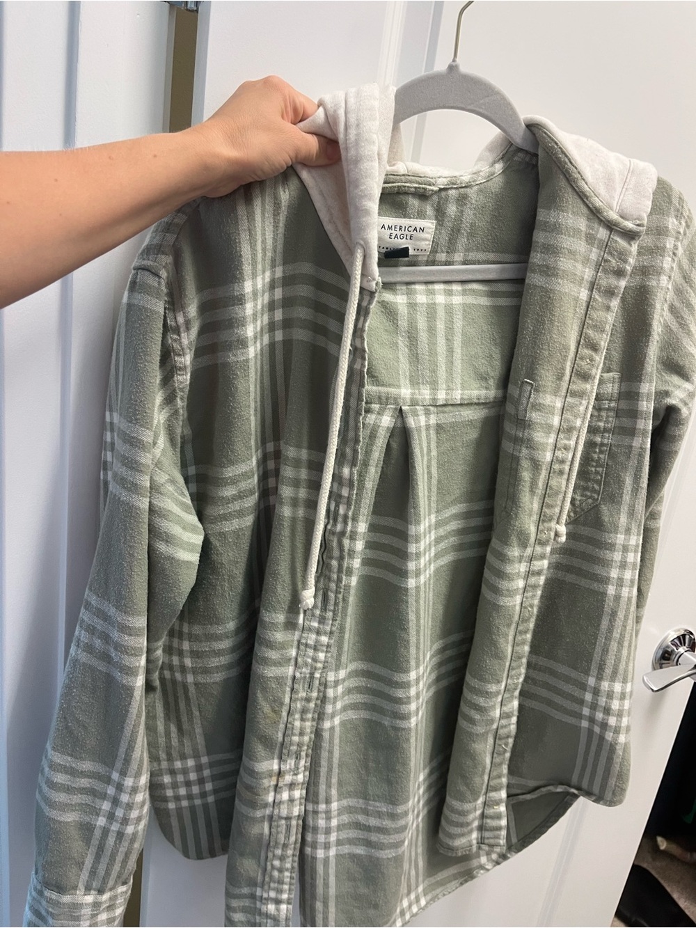American Eagle Outfitters Sage Green Plaid Hooded Shirt Jacket
